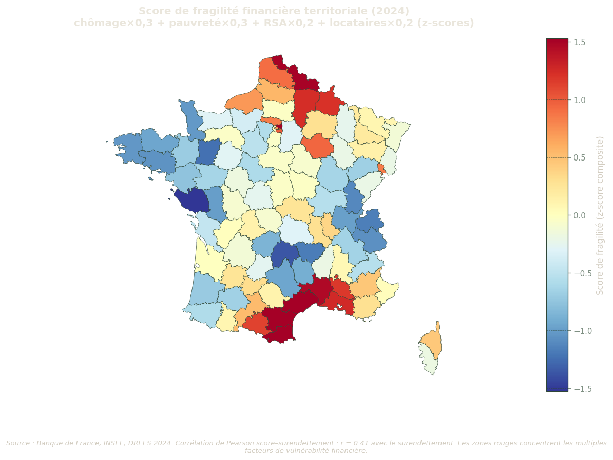 Carte choroplèthe du score composite de fragilité financière. Les départements en rouge présentent une fragilité élevée (score positif), les bleus une fragilité faible.